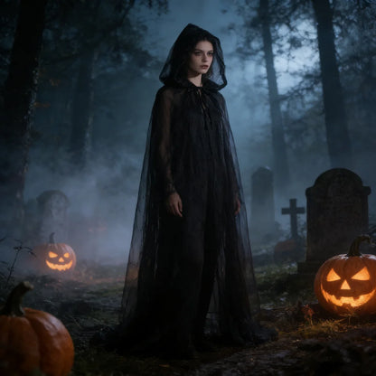 Black Bridal Shawl Witch Cosplay Cloak Halloween Cape Game Party Costume Props Holiday Dress Up Vampire Costume
