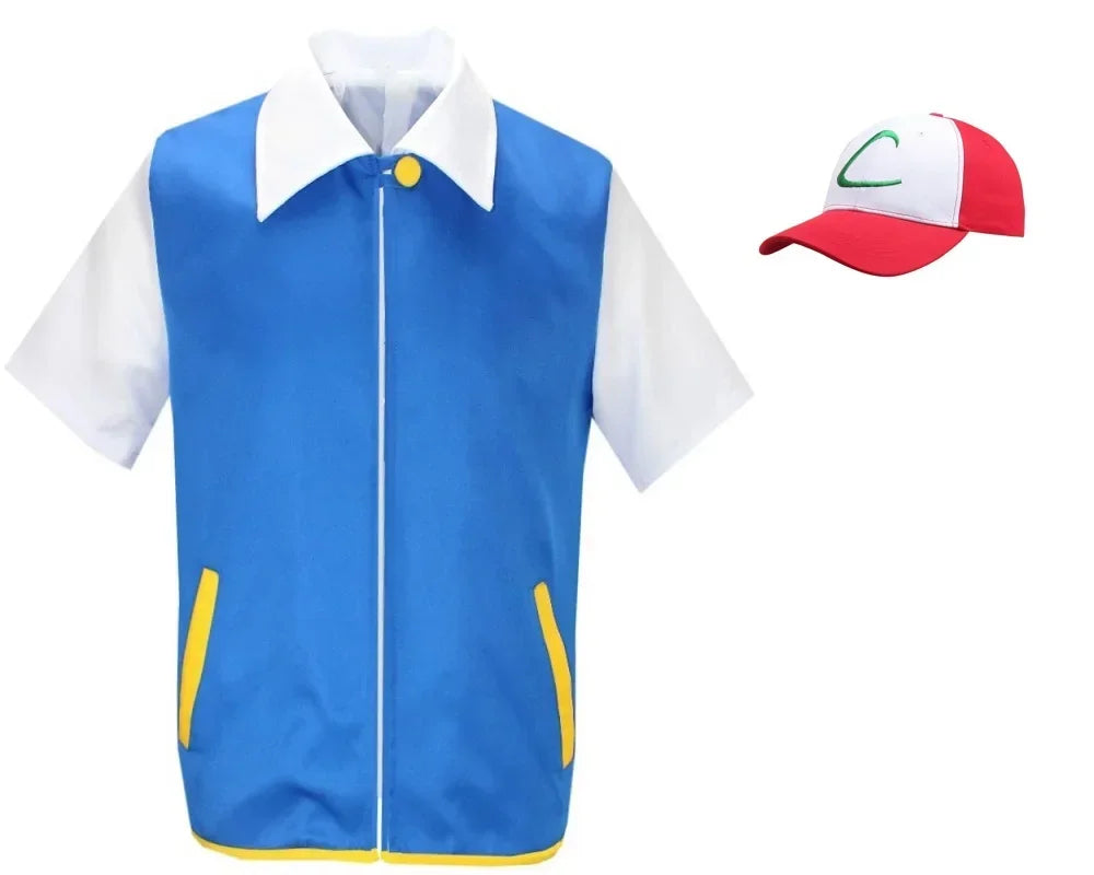 Adult Ash Ketchum Costume for Halloween Men Anime Trainer Cosplay Women Disfraz Party Blue Jacket Cap and Gloves Full Sets