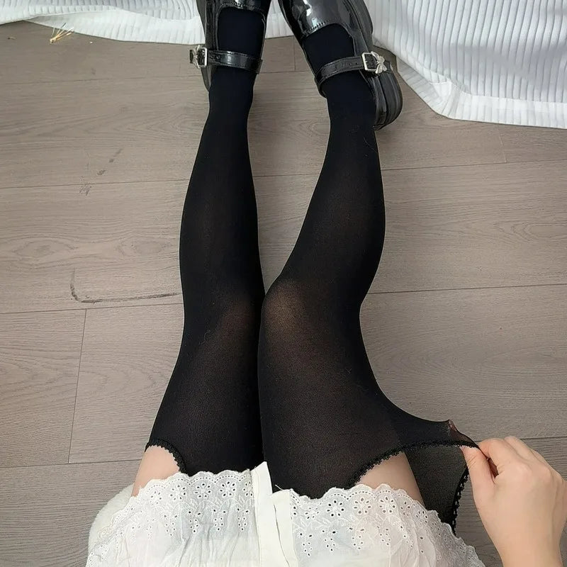 Suspender Black Tights Stockings Womens JK Lolita Y2K Punk High Waist Thigh Suspender Stockings Pantyhose Breathable Long Socks