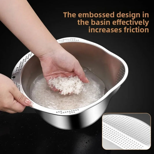 Rice Washer Bowl Stainless Steel Strainer with Side Drainers