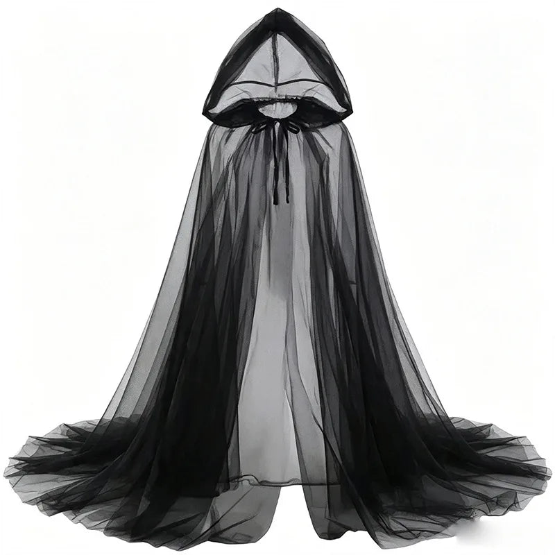Women Halloween Black Sheer Tulle Cloak Long Hooded Mesh Cape Ghost Witch Vampire Cosplay Costume Carnival Party Fancy Dress