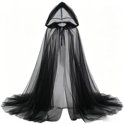 Women Halloween Black Sheer Tulle Cloak Long Hooded Mesh Cape Ghost Witch Vampire Cosplay Costume Carnival Party Fancy Dress