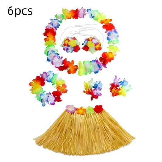 Hawaiian Dance Child Skirt with Leis Costume, Elastic Luau Grass, Hawaiian Flower Bracelets, Headband, Necklace, 40cm, 5pcs 6Pcs