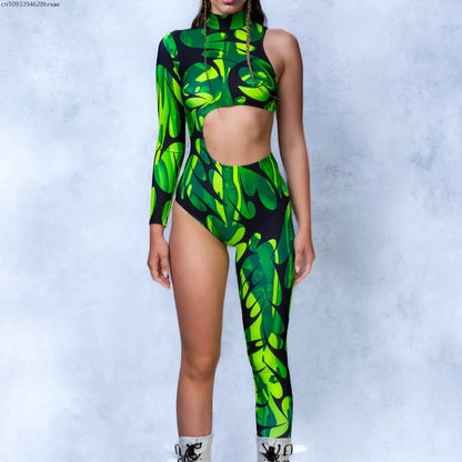 Women Punk Asymmetrical Holiday Bodysuit Costume Colorful Rainbow Jumpsuit Cosplay Halloween Party Performance Tights Suit