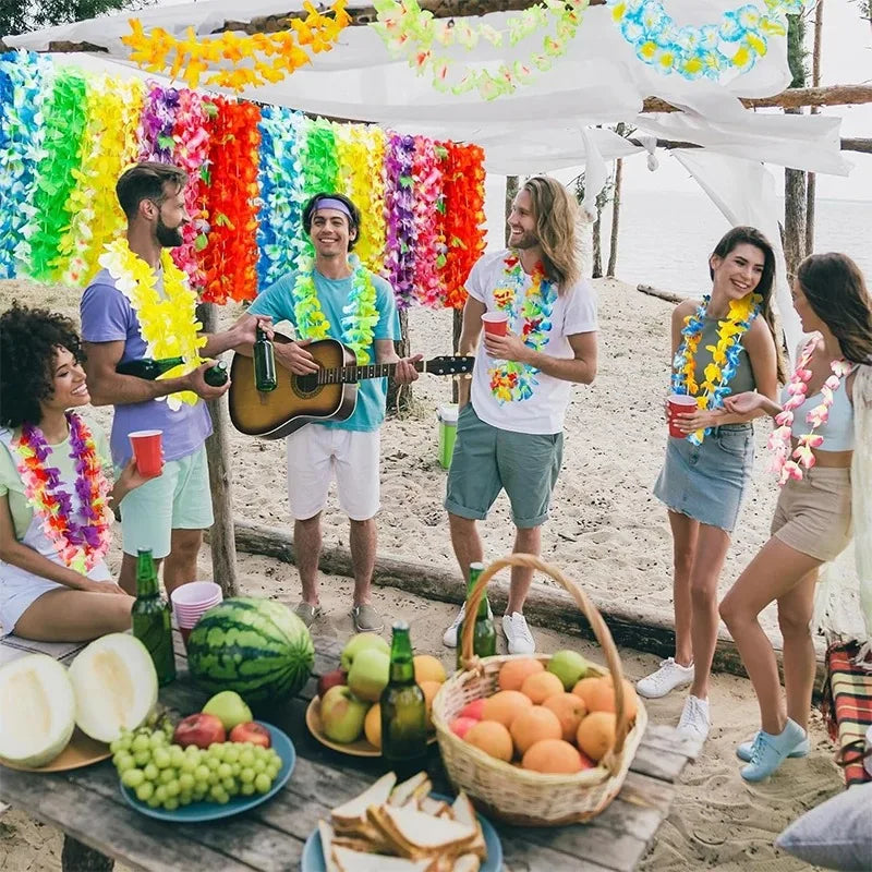 6/12/24Pcs Hawaiian Leis Party Flower Necklace Colorful Tropical Hawaiian Bulk Summer Beach Holiday Pool Birthday Party Decor