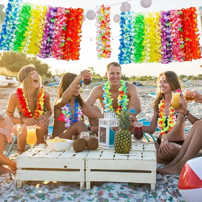 6/12/24Pcs Hawaiian Leis Party Flower Necklace Colorful Tropical Hawaiian Bulk Summer Beach Holiday Pool Birthday Party Decor