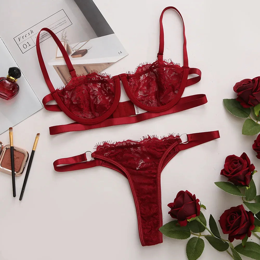 Women’s Lace Bra and Brief Set – Embroidered Two-Piece Set