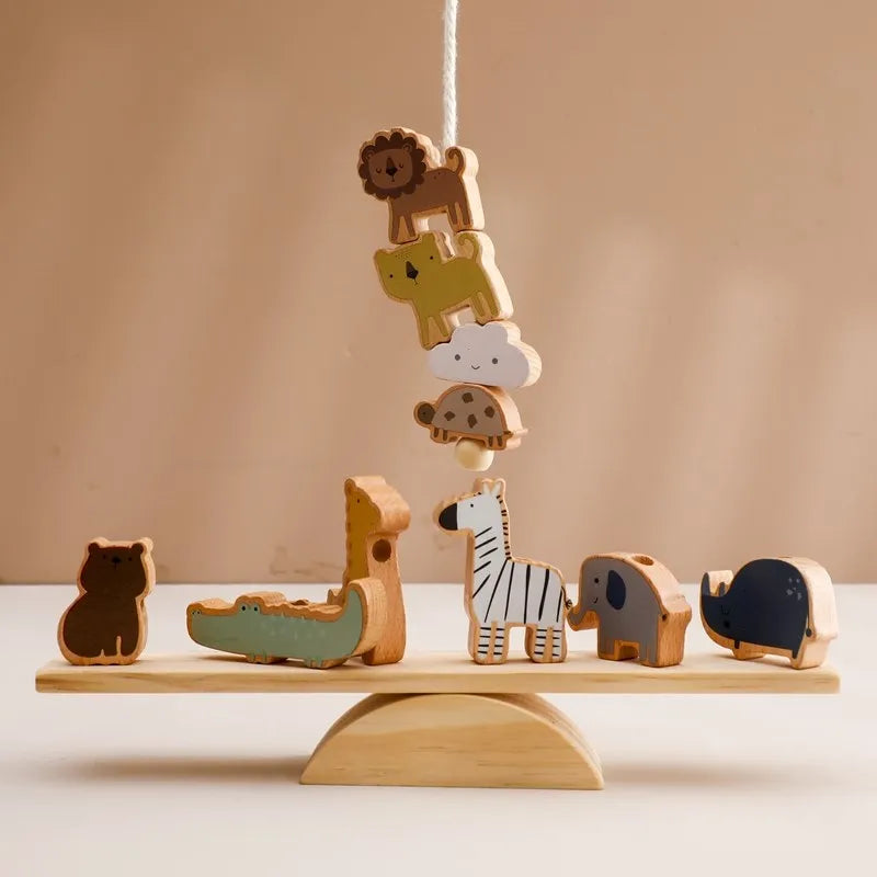 Wooden Montessori Threading Toy with Animal Beads & Balance Board