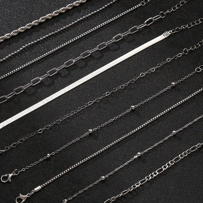 10 Pcs Vintage Statement Gold Color Flat Snake Chain Box Chain Bracelet Boho Multi-layer Metal Bracelet Women's Summer Jewelry