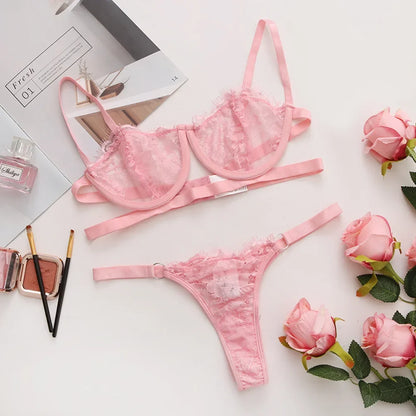 Women’s Lace Bra and Brief Set – Embroidered Two-Piece Set