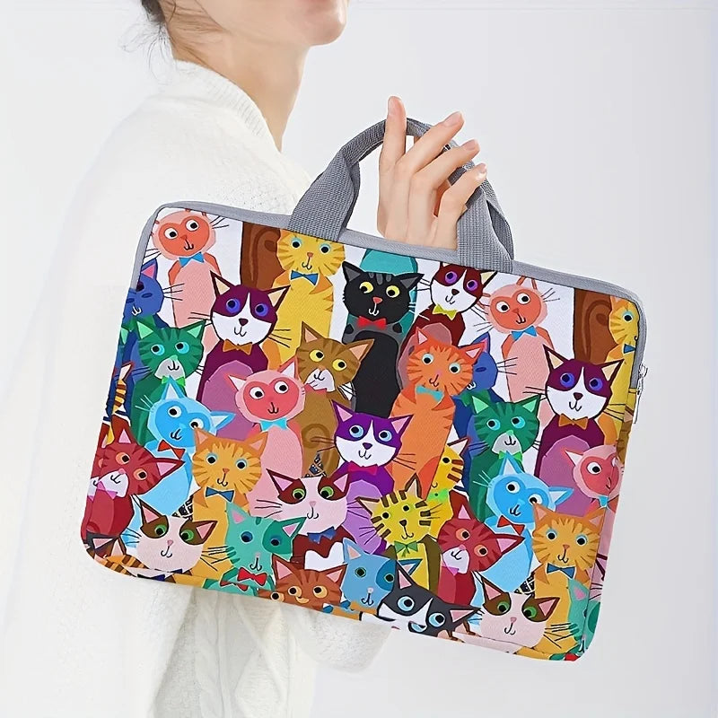Cat Pattern Laptop Bag – Colorful Polyester Briefcase for 14-Inch