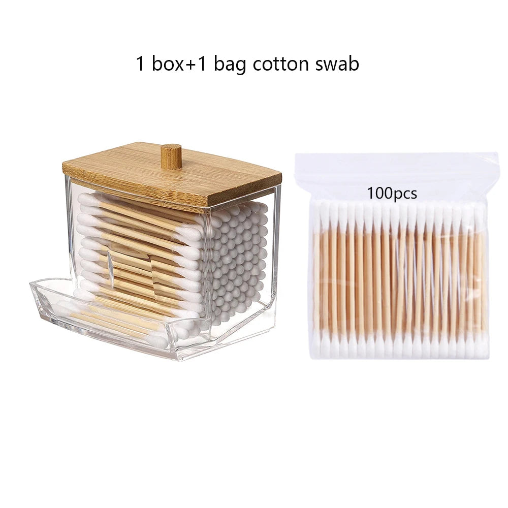 Cotton Swab Storage Box with Bamboo Cover, Clear Cotton Bud Organizer
