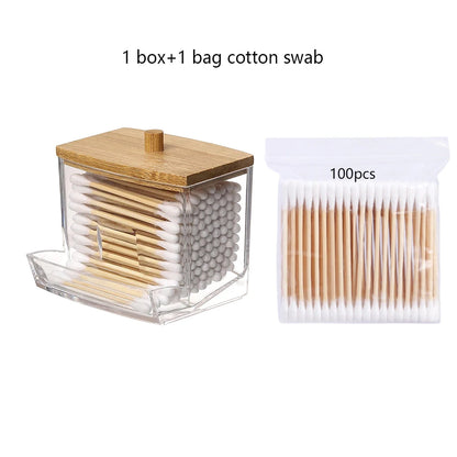 Cotton Swab Storage Box with Bamboo Cover, Clear Cotton Bud Organizer