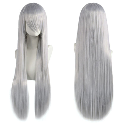 80cm Long Synthetic White Purple Cosplay Wigs Green Hair Straight Silver Wig Pink Hairpiece Lolita Wig with Bangs