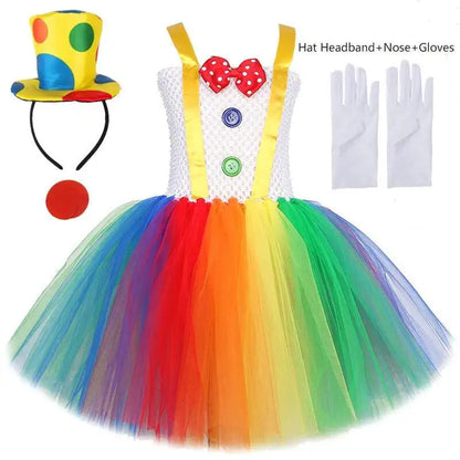 Rainbow Circus Clown Costume for Girls Halloween Fancy Tutu Dress Kids Toddler Birthday Carnival Party Outfit with Red Nose