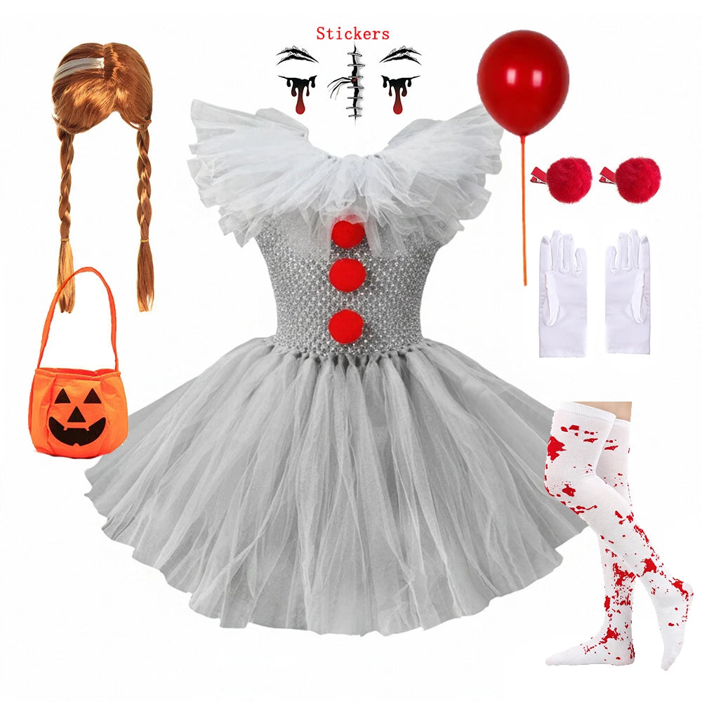 Children Halloween Joker Costumes for Baby Girls Scary Ghost Doll Killer Fancy Tutu Dress for Kids Carnival Party Horror Outfit