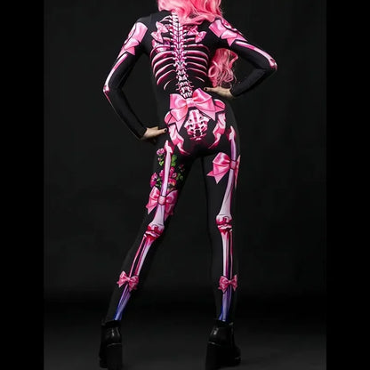 Female Ghost Bride Jumpsuit Printed Skeleton Rose Dressup Costume Horror Theme Party Halloween Girls Trendy Parent-Child Costume