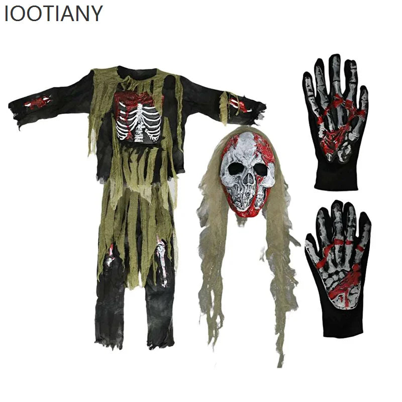 IOOTIANY 2025 New Horror Boy Burning Horror Death Halloween Costume Children Skeleton Zombie Cosplay Stage Performance Costume