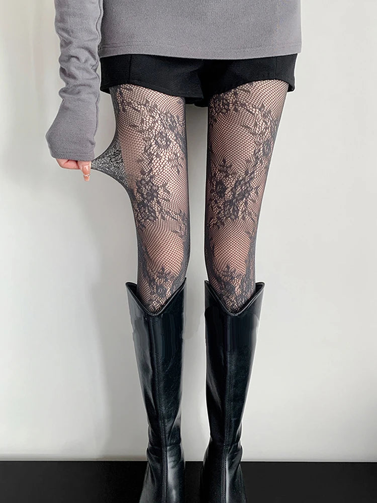 Floral Lace Tights – Patterned Mesh Hosiery