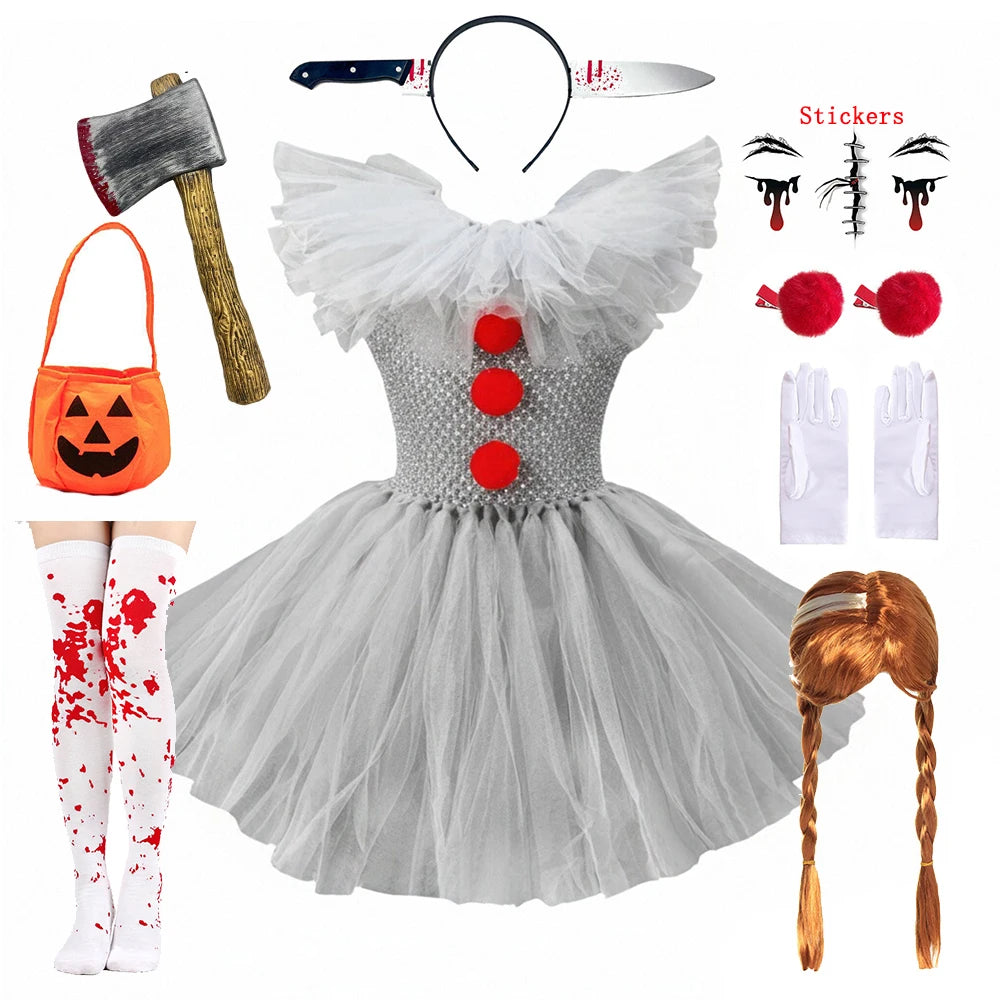 Children Halloween Joker Costumes for Baby Girls Scary Ghost Doll Killer Fancy Tutu Dress for Kids Carnival Party Horror Outfit