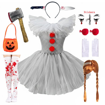 Children Halloween Joker Costumes for Baby Girls Scary Ghost Doll Killer Fancy Tutu Dress for Kids Carnival Party Horror Outfit