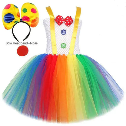 Rainbow Circus Clown Costume for Girls Halloween Fancy Tutu Dress Kids Toddler Birthday Carnival Party Outfit with Red Nose