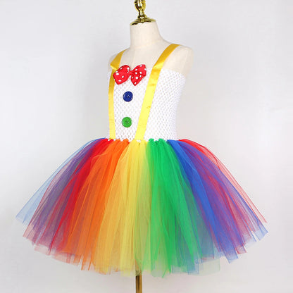 Rainbow Circus Clown Costume for Girls Halloween Fancy Tutu Dress Kids Toddler Birthday Carnival Party Outfit with Red Nose