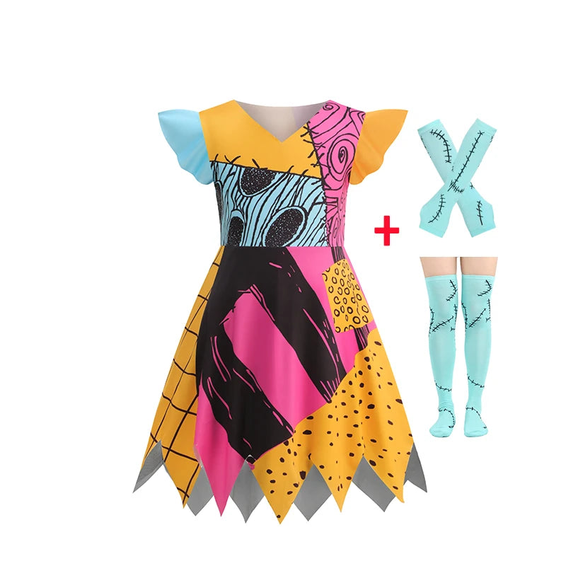 Baby Girls Patchwork Rag Doll Cosplay Dress Kids Fancy Outfit for Halloween Carnival Birthday Theme Party Role Play Dress-Up