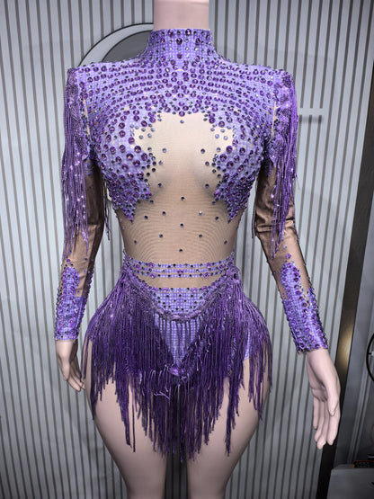 Sexy Skinny Leotard Singer Dancer Show StageWear Sparkly Blue Rhinestones Women DanceCostume Fringes One Shoulder Bodysuit  7G