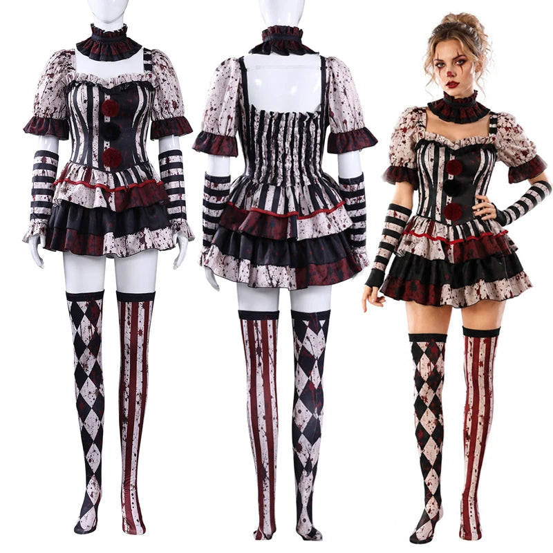 Women Clown Cosplay Costume Circus Jester Dress Halloween Party Performance Outfit Role Play Carnival Stage Suit