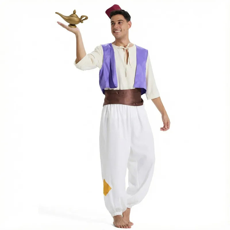 Men's Aladdin Prince Costume Anime Arabian Nights Costume Halloween Cosplay Gift with Magic Lamp Prop Hat Game Performance