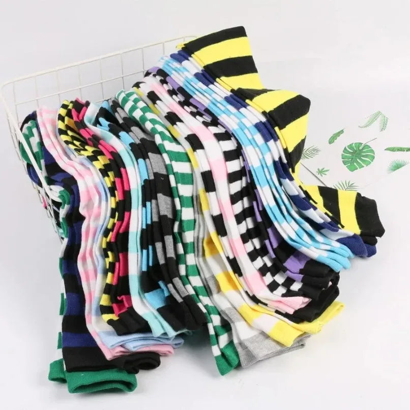 Women’s Striped Thigh High Socks – Black White Pink