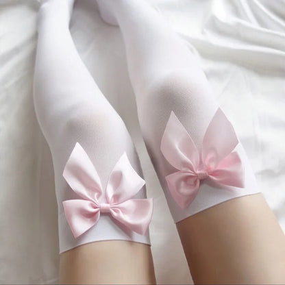 Girls’ Lace Over Knee Stockings with Pink Bow Detail
