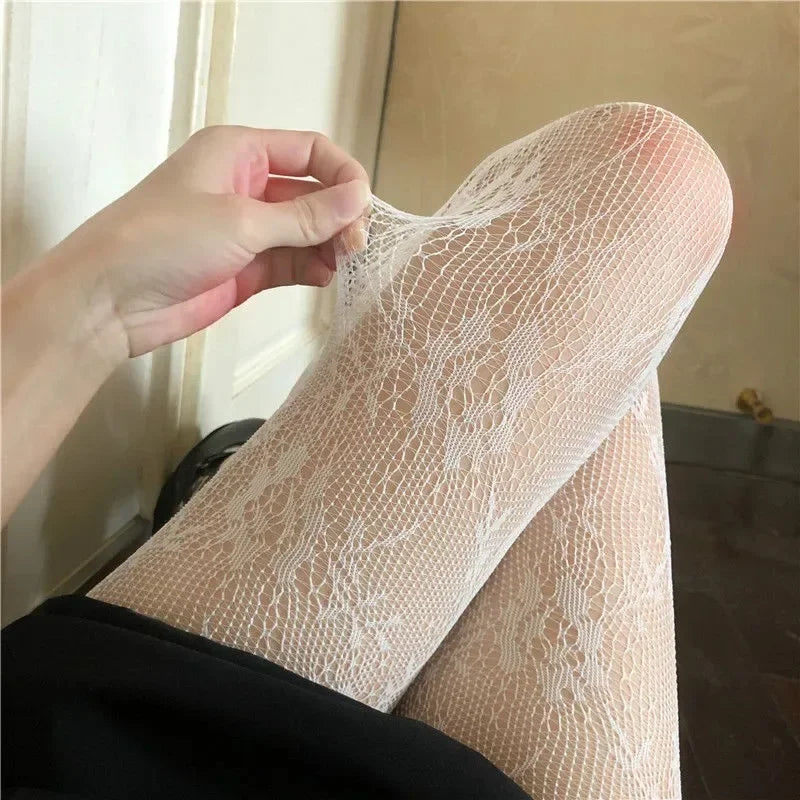 Women’s Floral Lace Tights – Black Mesh Gothic Style