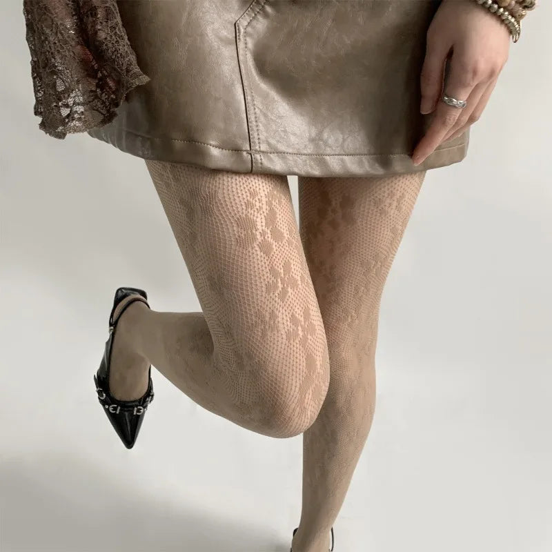 Floral Fishnet Tights for Women – Brown Patterned Pantyhose