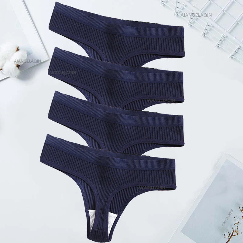 Women’s Cotton Thongs – 4-Piece Striped Underwear Set