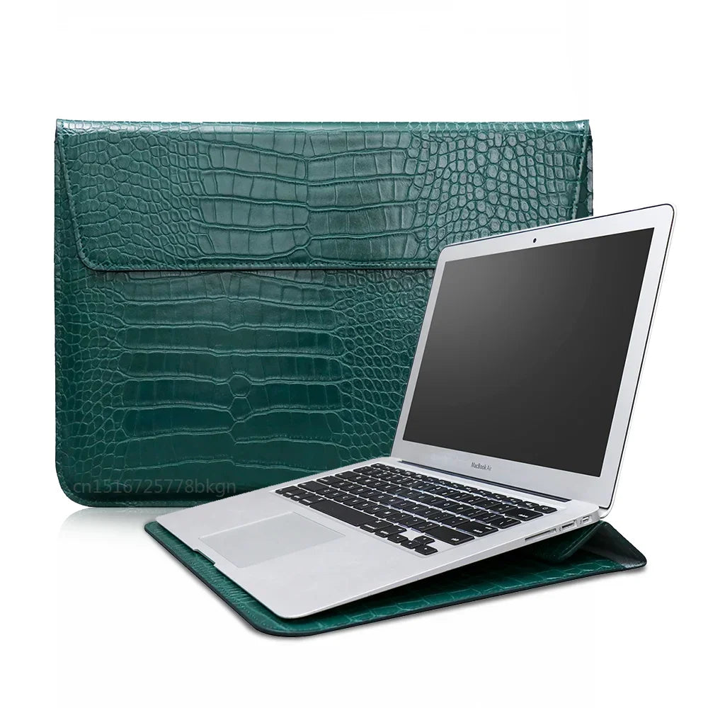Crocodile Grain Laptop Sleeve – PU Leather Flip Case with Stand