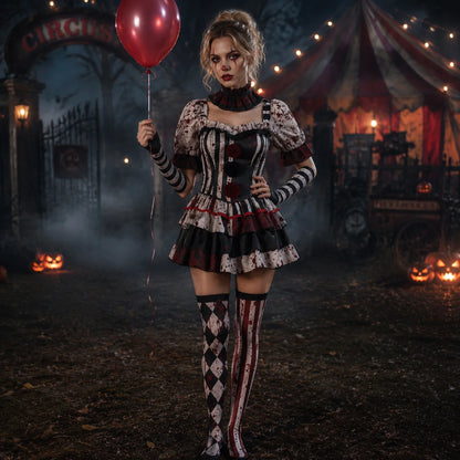 Women Clown Cosplay Costume Circus Jester Dress Halloween Party Performance Outfit Role Play Carnival Stage Suit