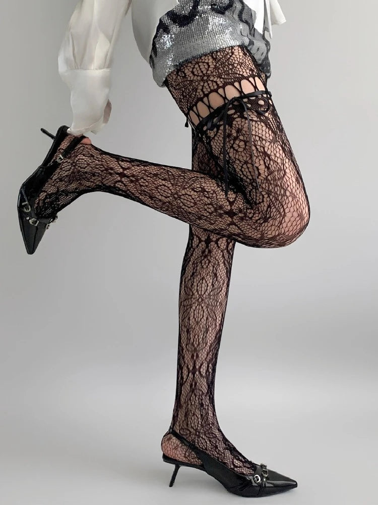 Sheer Mesh Tights for Women – Beige Lace Detail Stockings