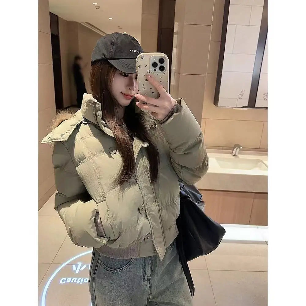 Autumn Winter Fur Hooded Jacket Women Outerwear Thick Dowon Cotton Padded Slim Short Parkas Female Cropped Puffer Bubble Coat