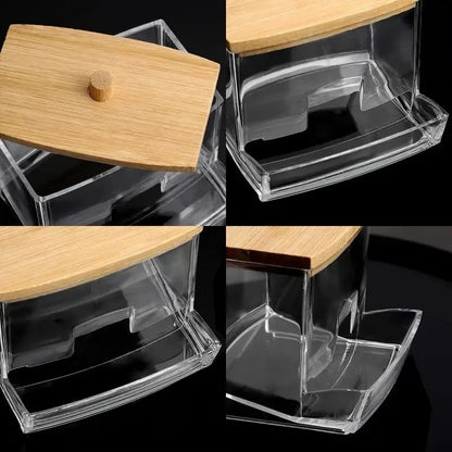 Cotton Swab Storage Box with Bamboo Cover, Clear Cotton Bud Organizer
