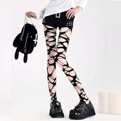 A Pair of Homemade Gothic Punk Style Stockings Hot Girl Subculture Y2K Black Hole Stockings Bottoming Pantyhose