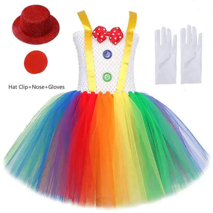 Rainbow Circus Clown Costume for Girls Halloween Fancy Tutu Dress Kids Toddler Birthday Carnival Party Outfit with Red Nose
