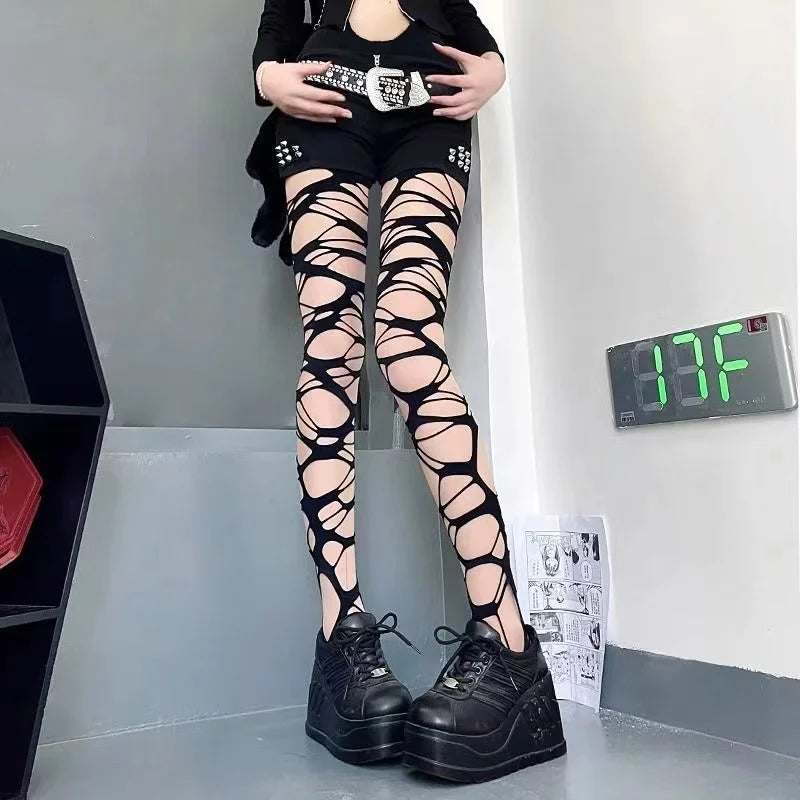 A Pair of Homemade Gothic Punk Style Stockings Hot Girl Subculture Y2K Black Hole Stockings Bottoming Pantyhose