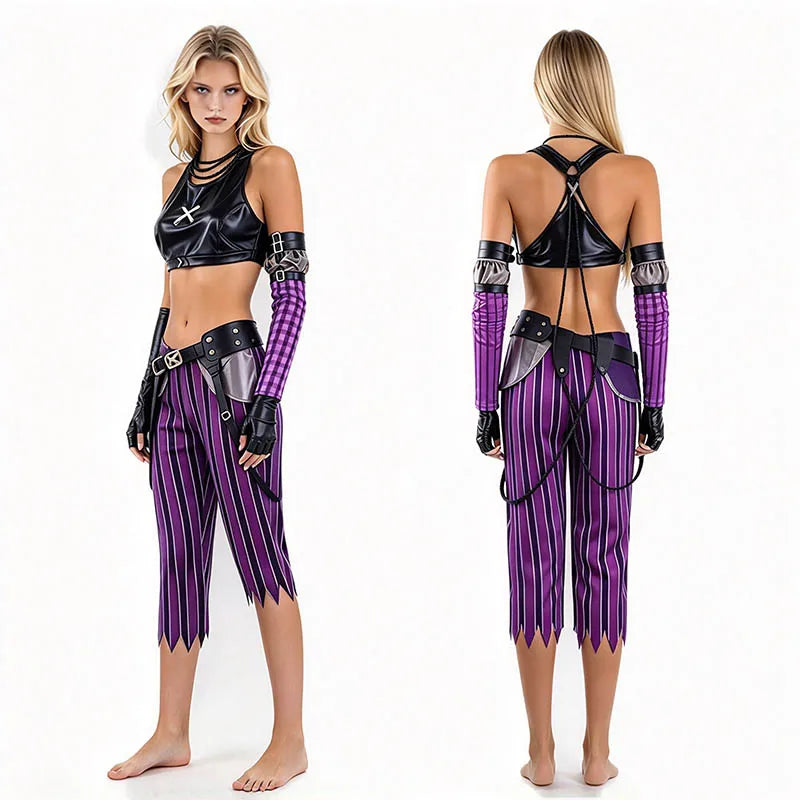 Women Purple Striped Cropped Pants Outfit Set with Gloves Stage Fancy Dress Costume for Halloween Carnival Comic-Con Cosplay