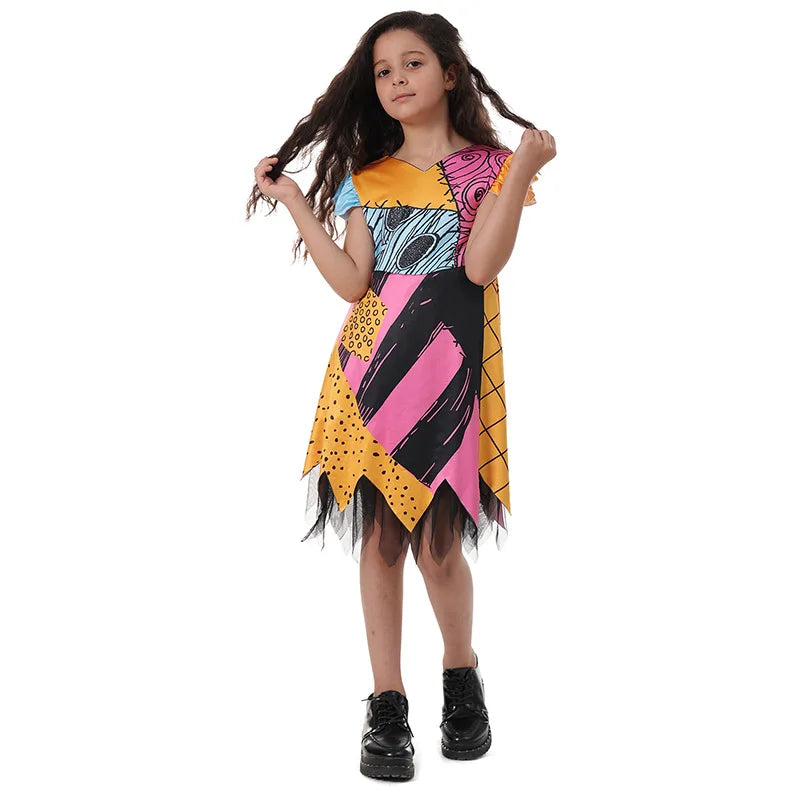 Baby Girls Patchwork Rag Doll Cosplay Dress Kids Fancy Outfit for Halloween Carnival Birthday Theme Party Role Play Dress-Up