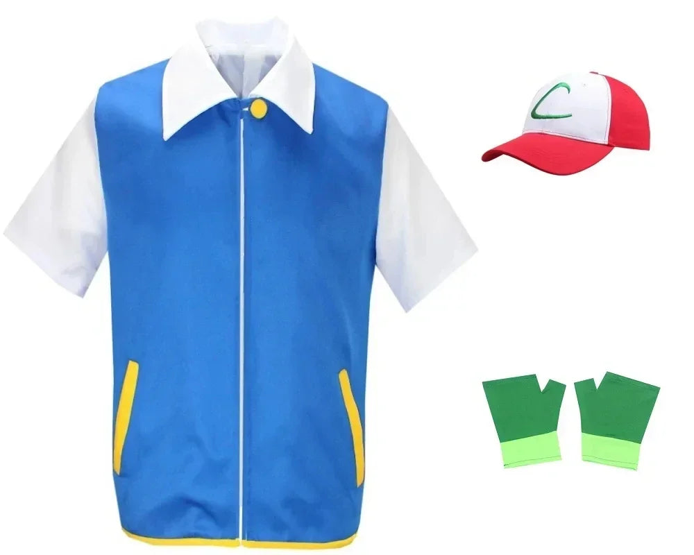Adult Ash Ketchum Costume for Halloween Men Anime Trainer Cosplay Women Disfraz Party Blue Jacket Cap and Gloves Full Sets