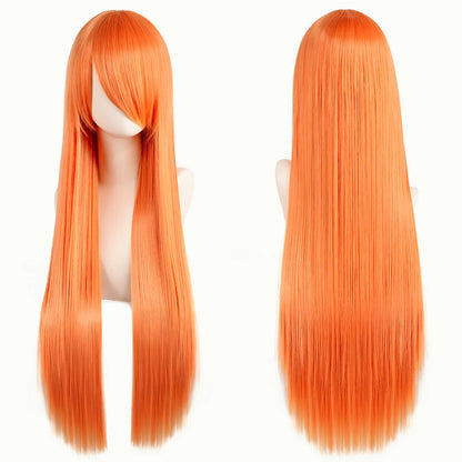 80cm Long Synthetic White Purple Cosplay Wigs Green Hair Straight Silver Wig Pink Hairpiece Lolita Wig with Bangs