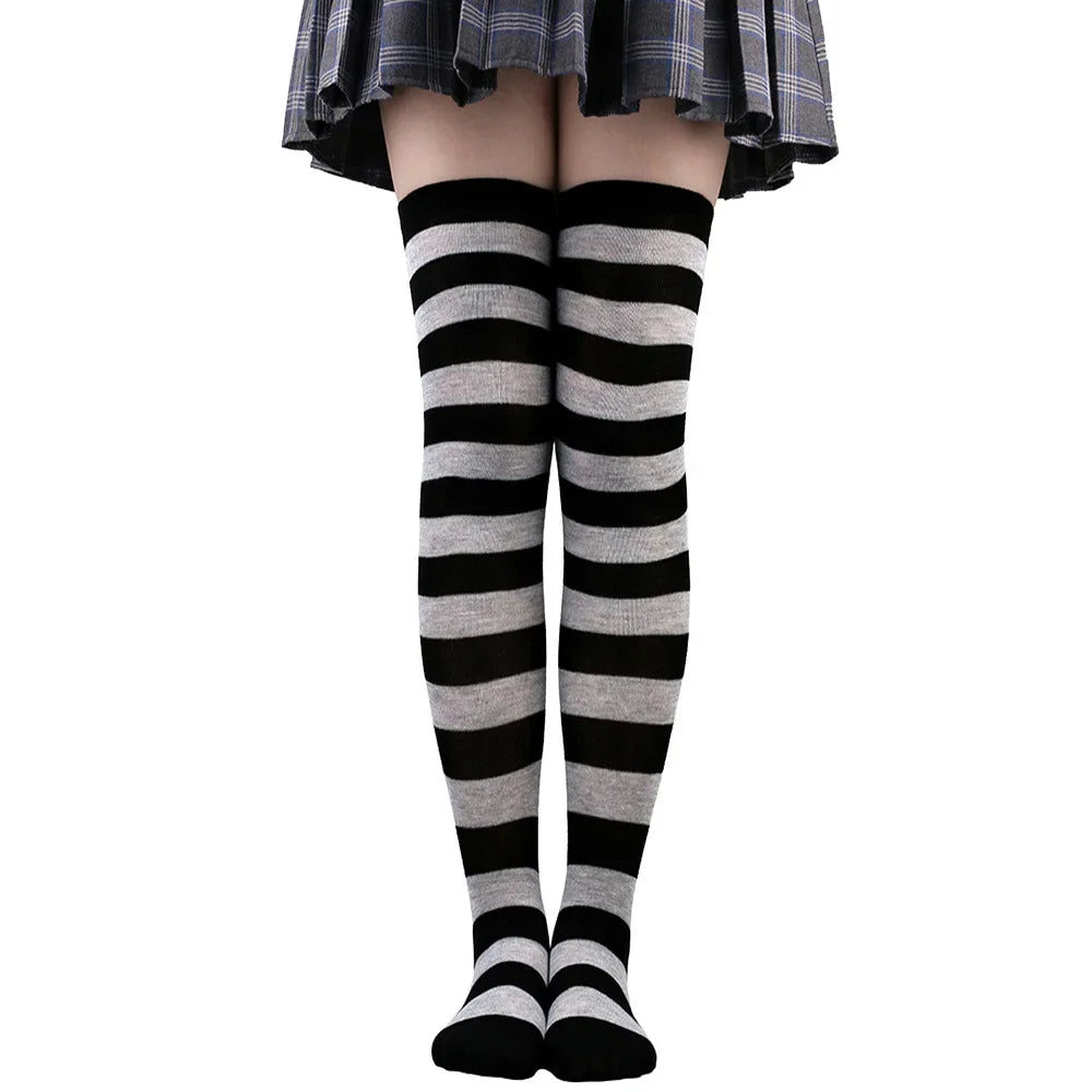 Women’s Striped Thigh High Socks – Black White Pink
