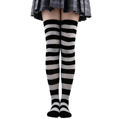Women’s Striped Thigh High Socks – Black White Pink